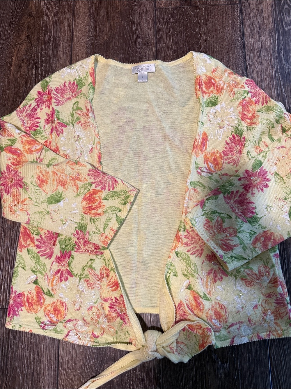 Christopher & Banks Yellow Floral Tie-Front Cardigan with Sequins Large